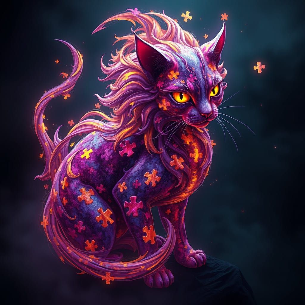 Enchanted Feline in Whirling Jigsaw Puzzle Atmosphere