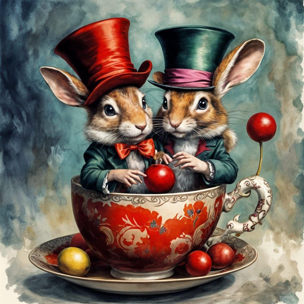 Mad Hatter's Tea Party in a Teacup Illustration