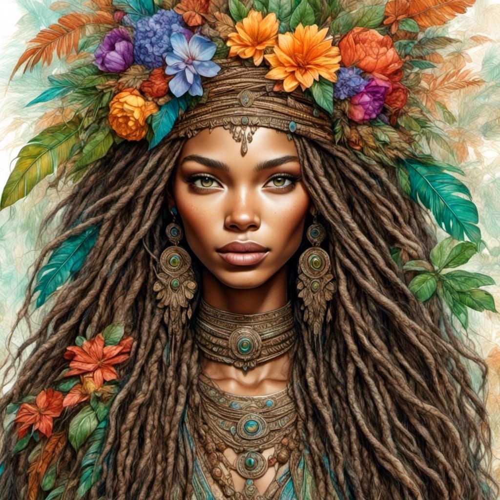Beautiful Jamaican Woman with Dreadlocks in Mixed Media