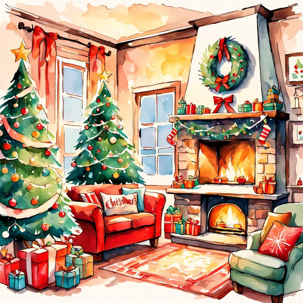 Cozy Christmas Collage with Watercolor Sketch and Sticker