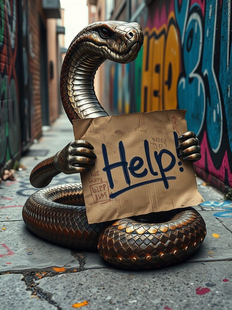 Realistic Metallic Snake Begs for Help on Gritty Urban Sidew...