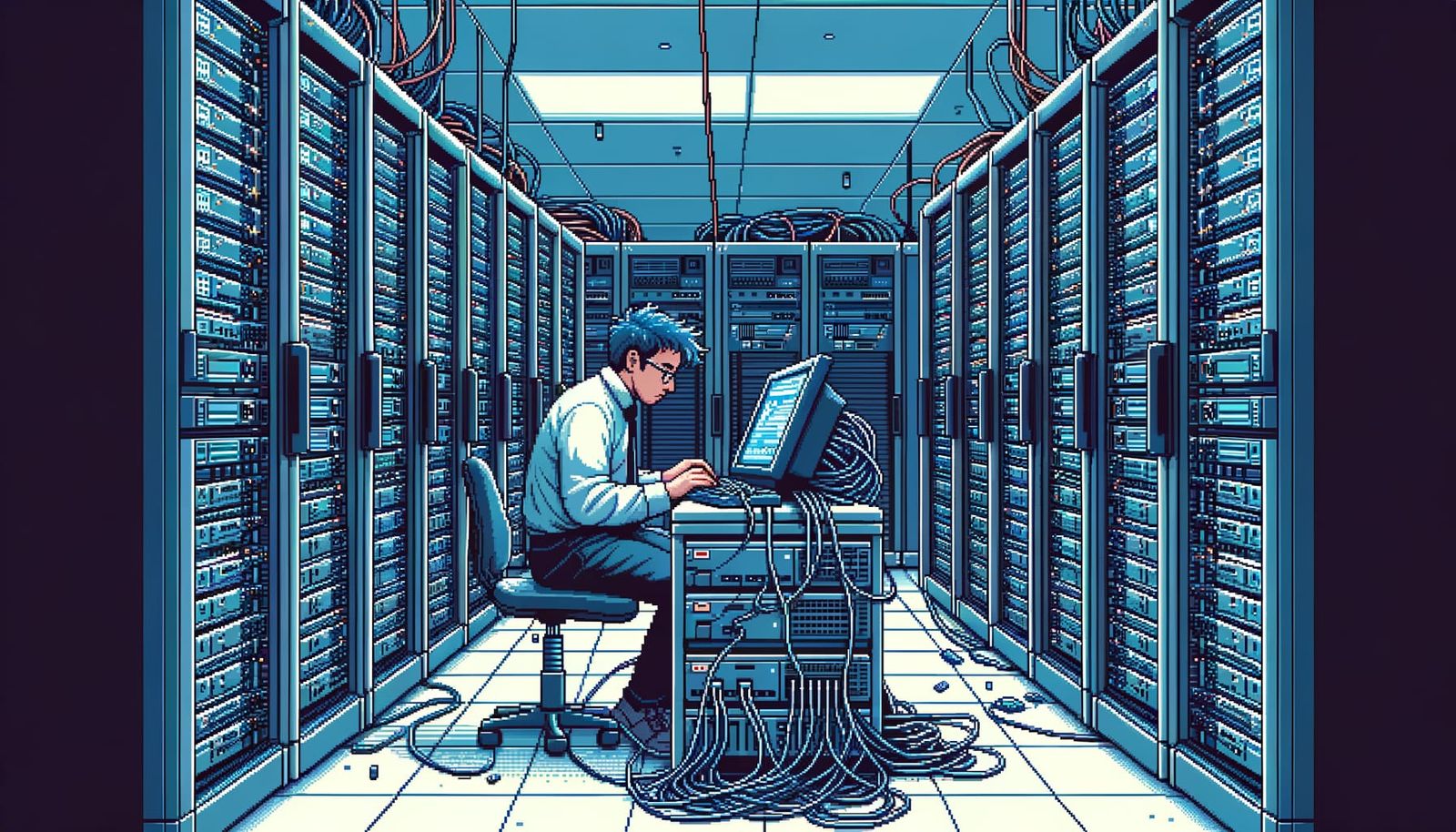 Data Center Pixel Art: IT Technician at Work