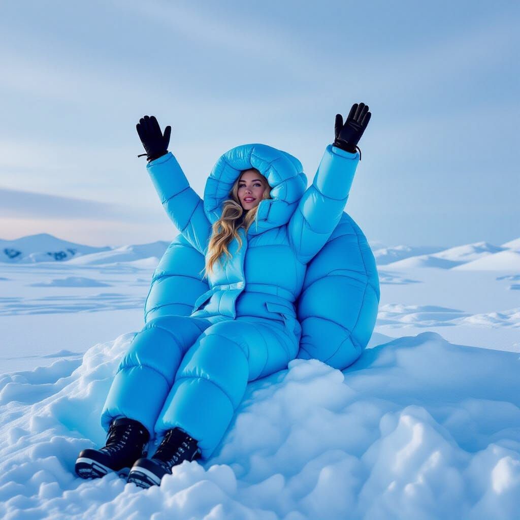 Woman in Blue Puffer Suit on Snowdrift, High-Fashion Style