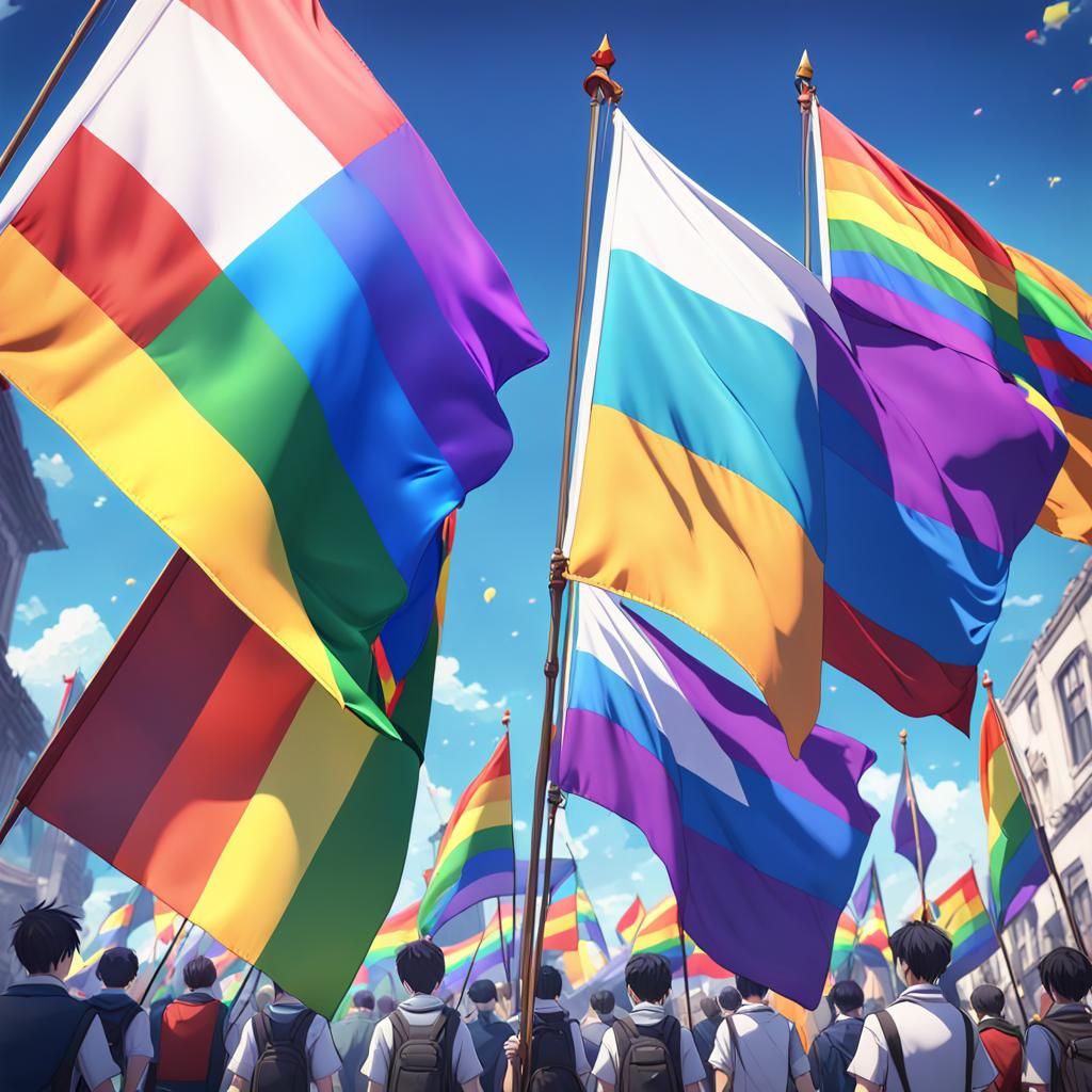 Vibrant Gay Pride Flags in 3D Anime Style
