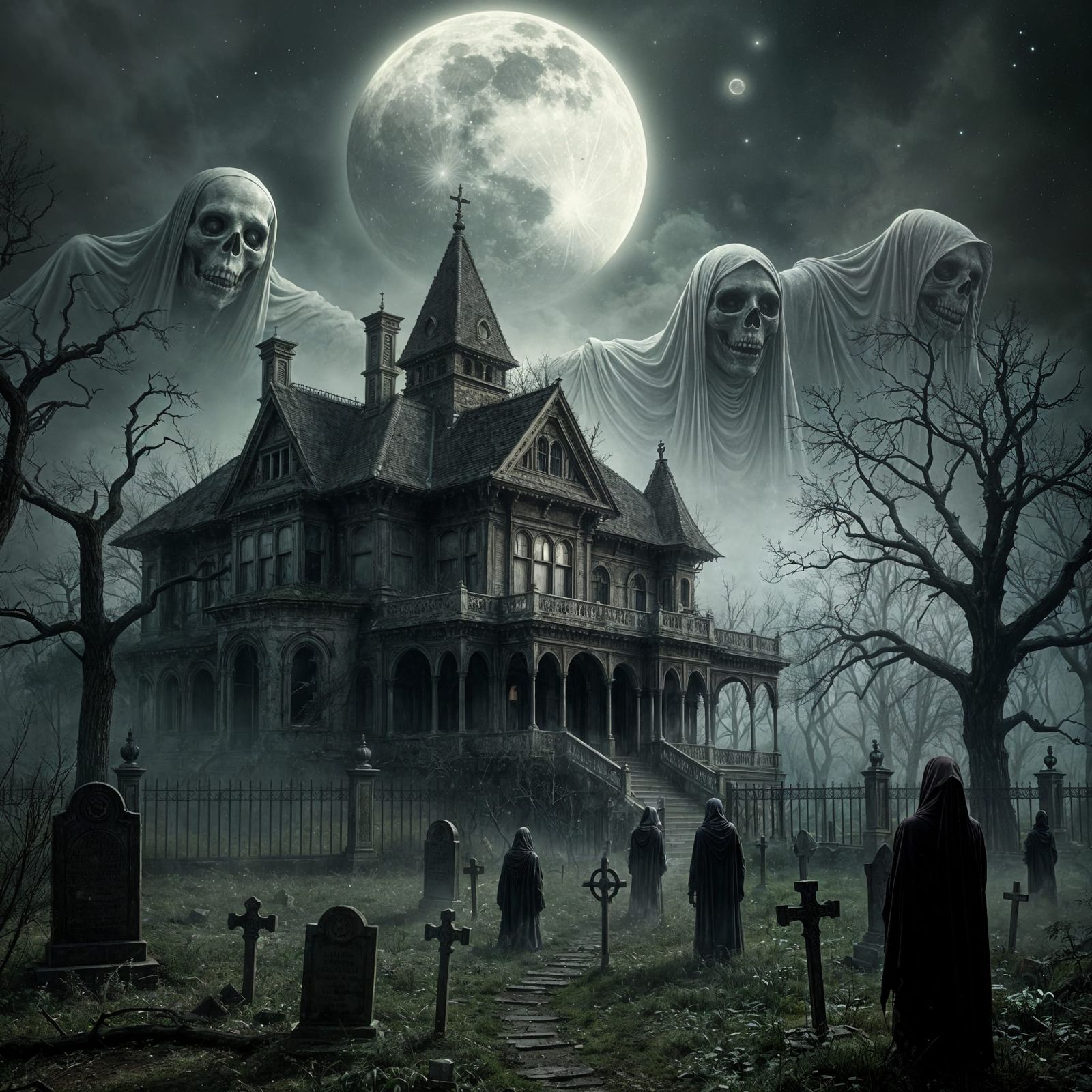 Eerie Moon Over Haunted House Graveyard Nightmare