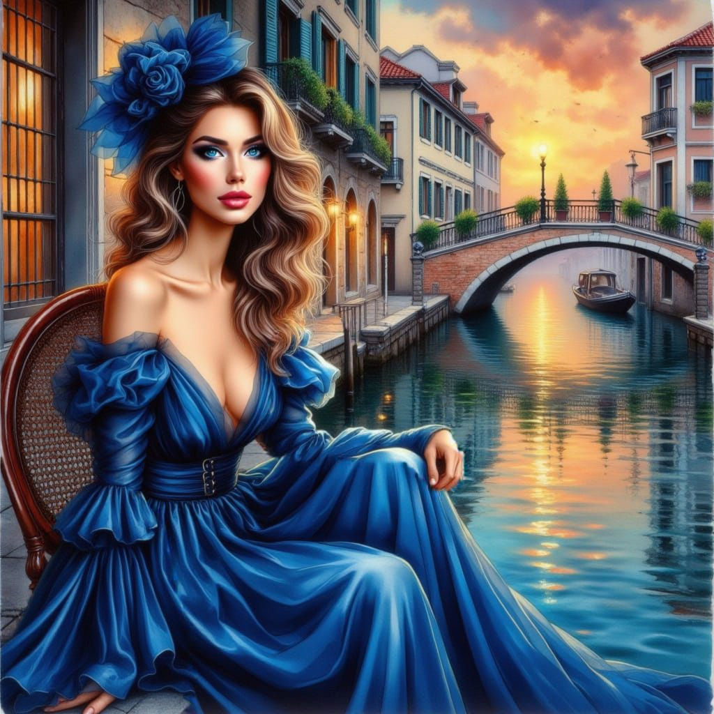 Watercolor Portrait of a Woman in Venice