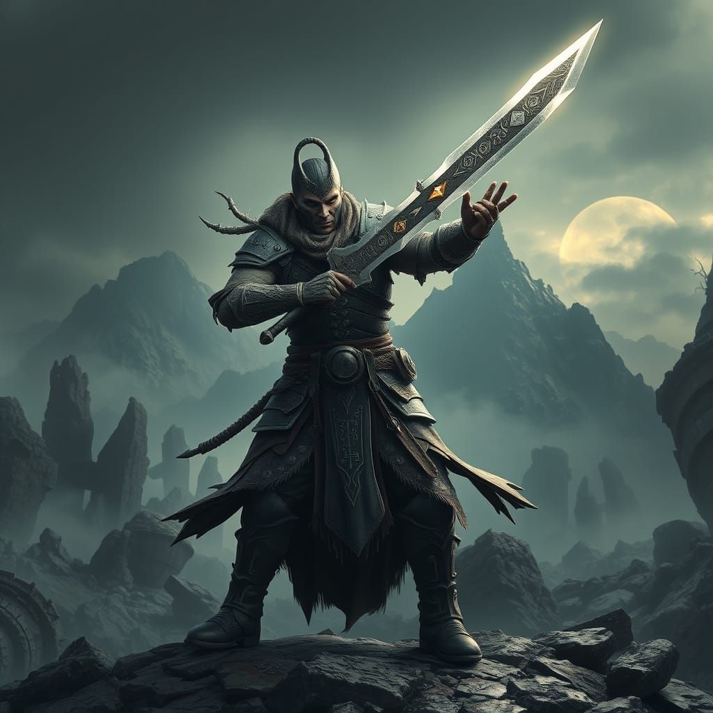 Mighty Warrior Wields Ancient Sword in Dark Fantasy Landscap...
