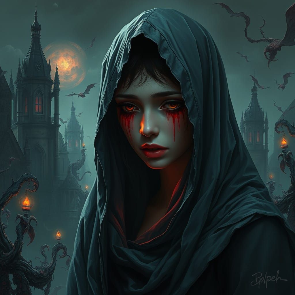 Gothic Woman Cries Tears of Blood in a Haunting, Fantastical...