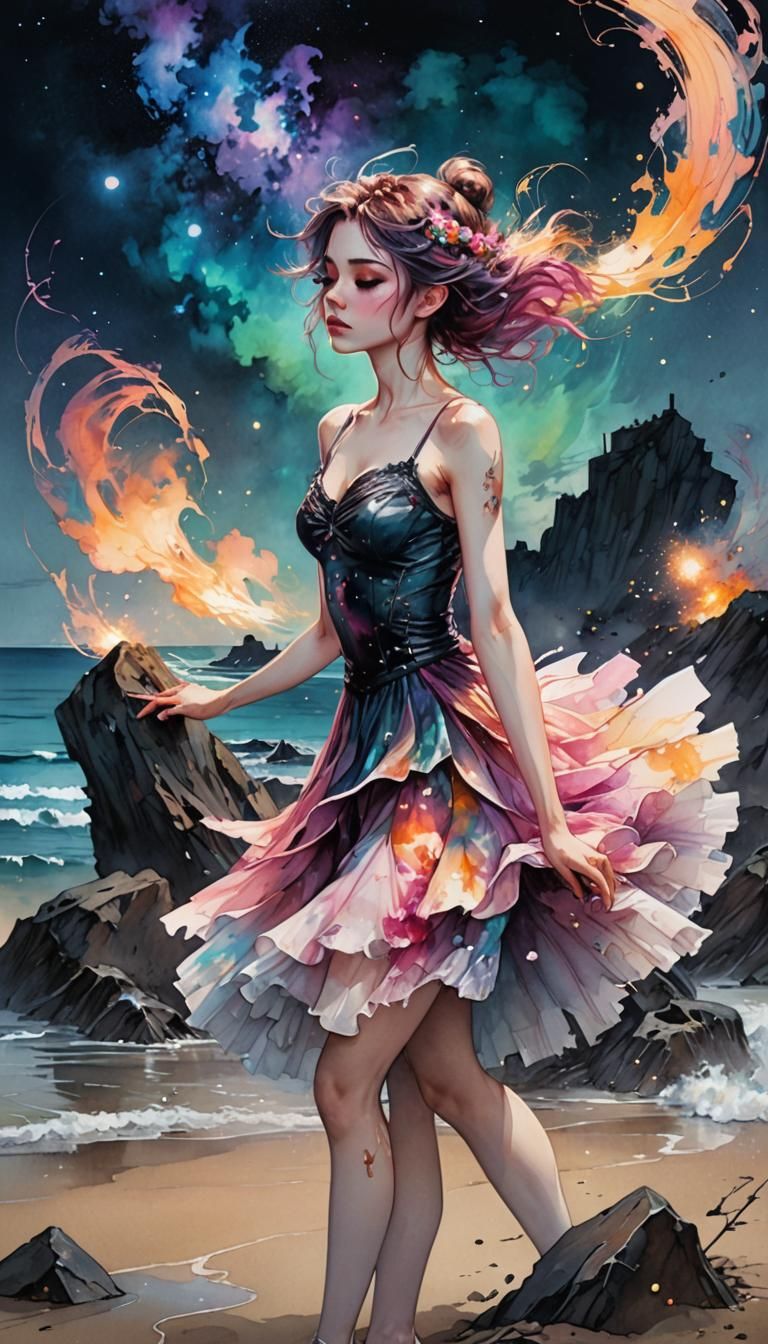 Emo Punk Ballerina on Beach Graveyard, Watercolor Style