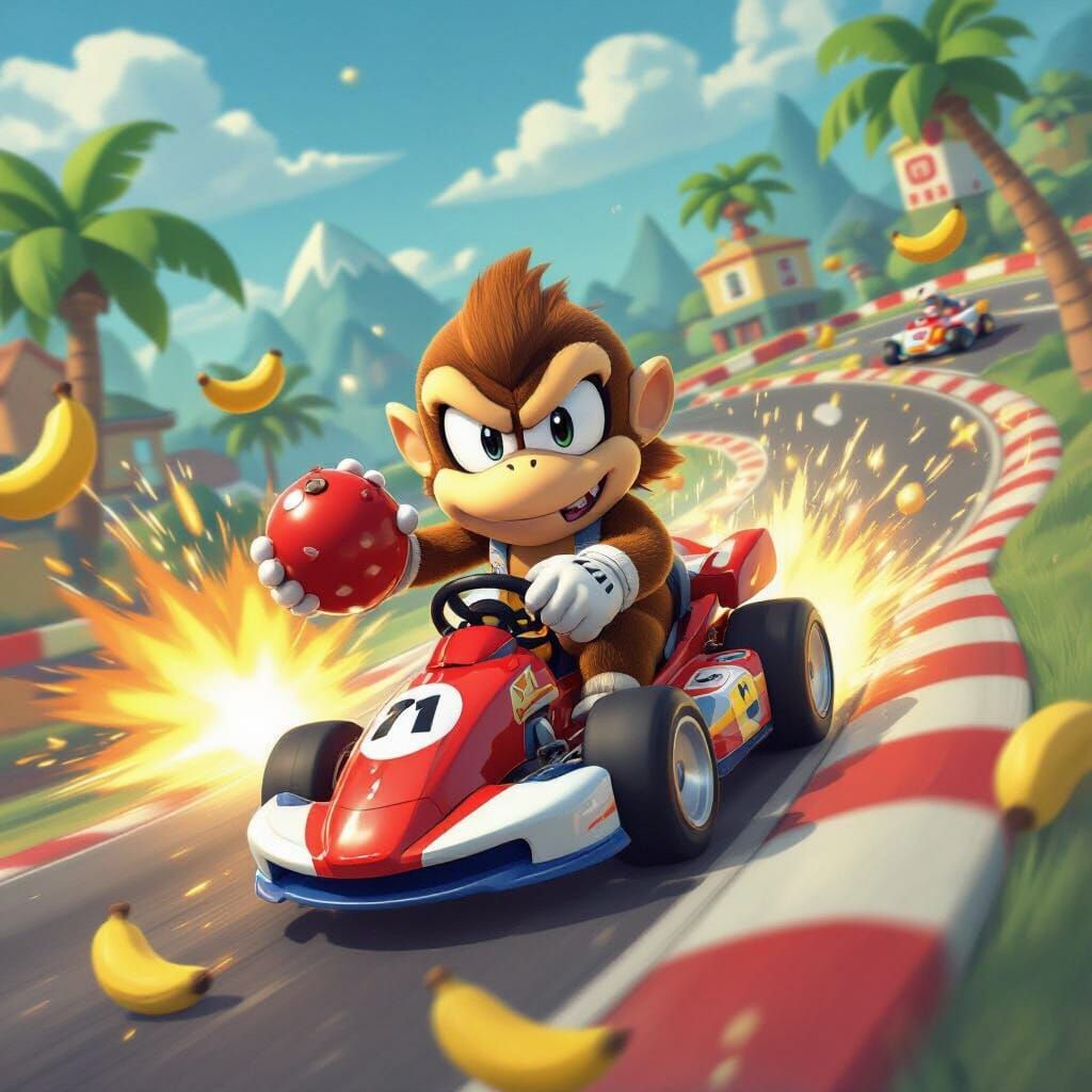 Diddy Kong Drifting with Red Shell on Nintendo Racetrack
