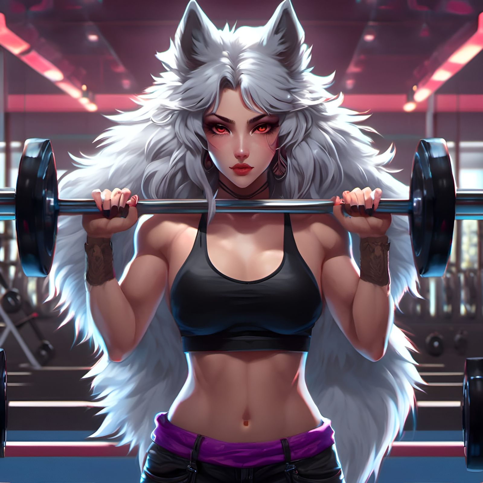 Detailed Wolf Girl Lifting Weights in Gym