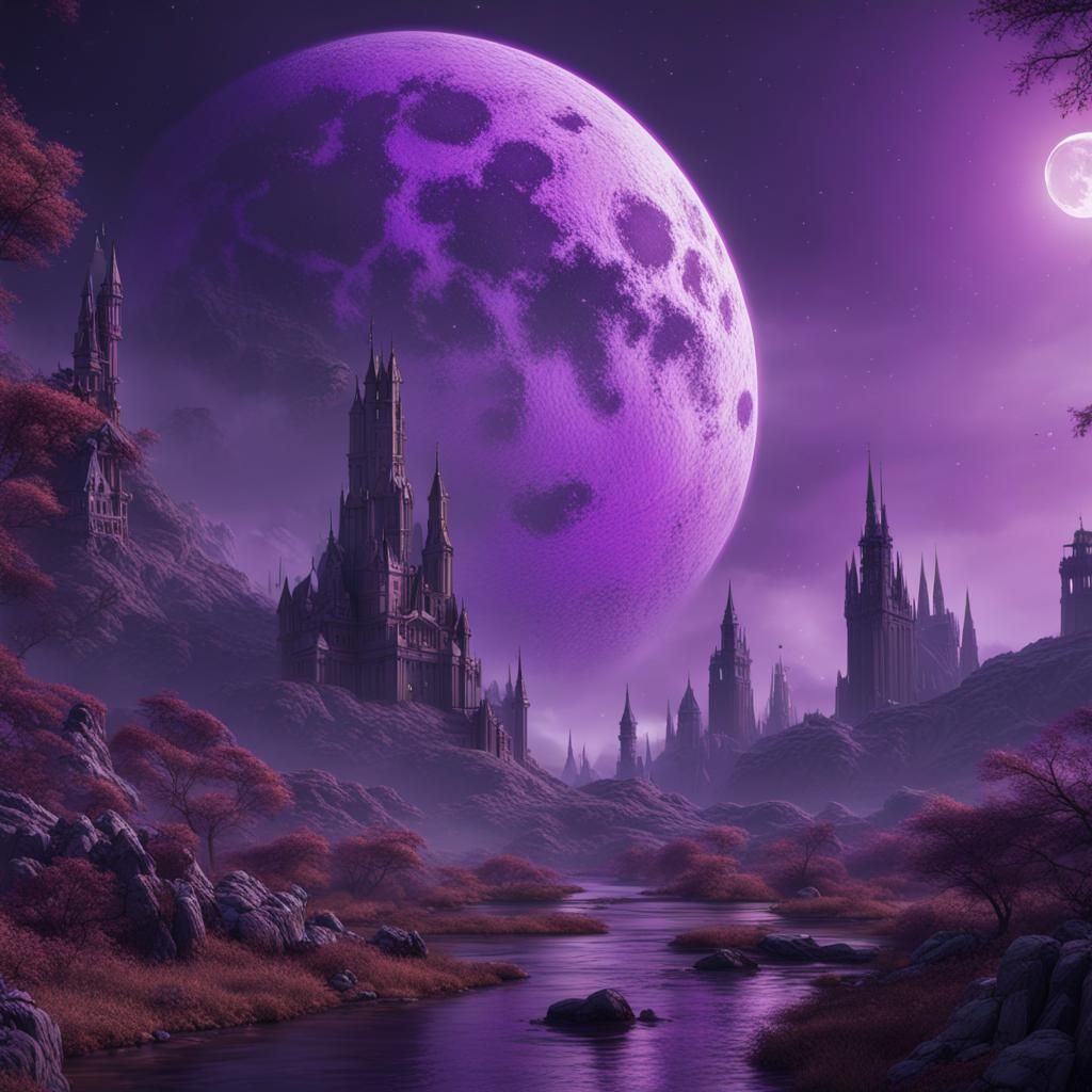 Fantastical Purple Moon in Detailed Matte Painting