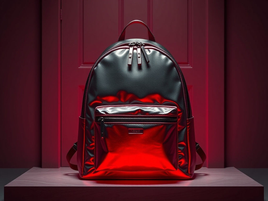 Metallic Backpack on Doorstep: Minimalist Dystopian Art