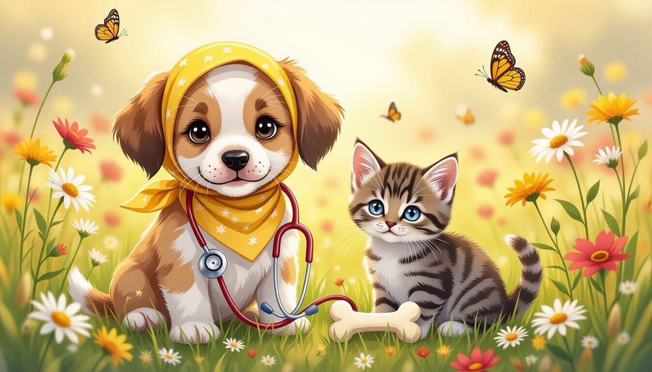 Puppy and Kitten Friends in a Dreamy Field