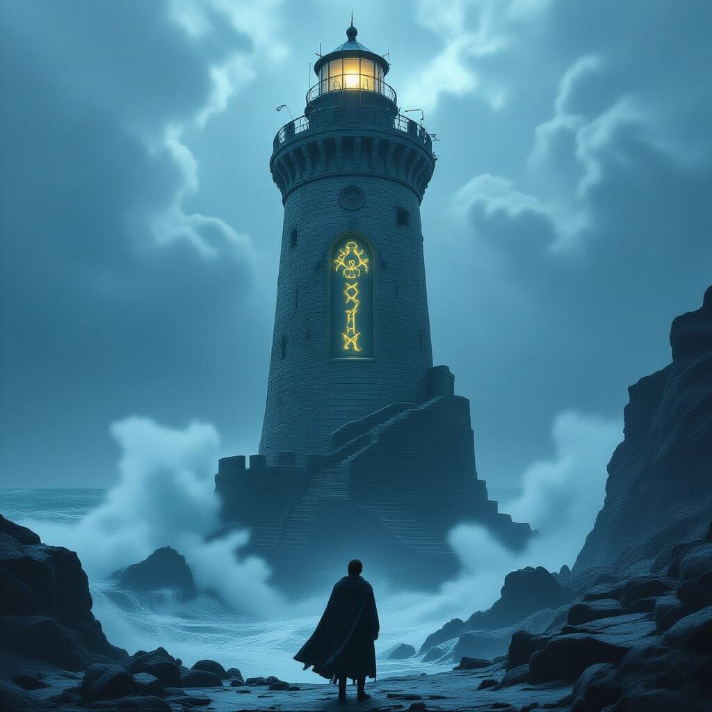 Young Man at Ancient Arcane Lighthouse During Storm