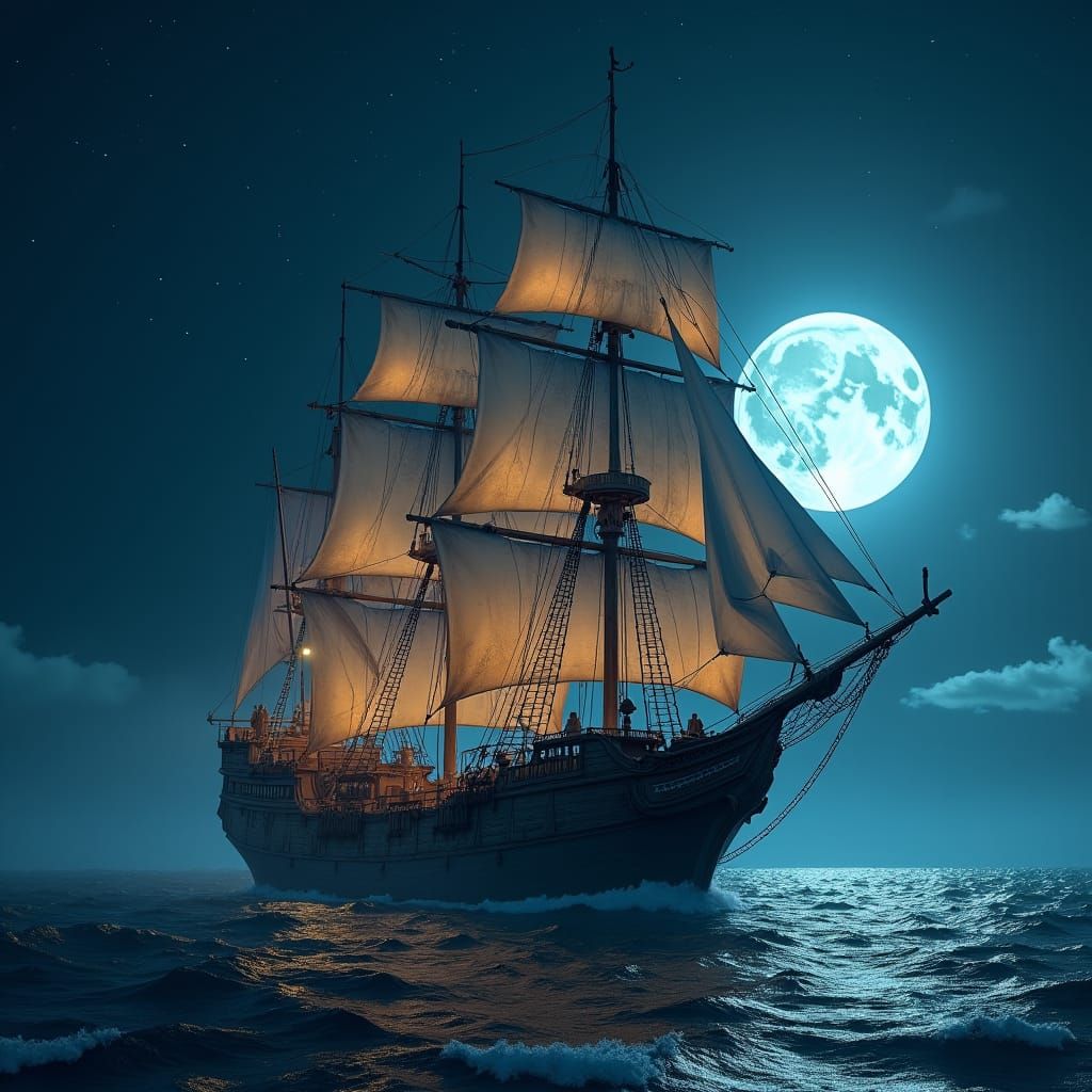 Moonlit Sailing Ship in Futuristic Concept Art Style
