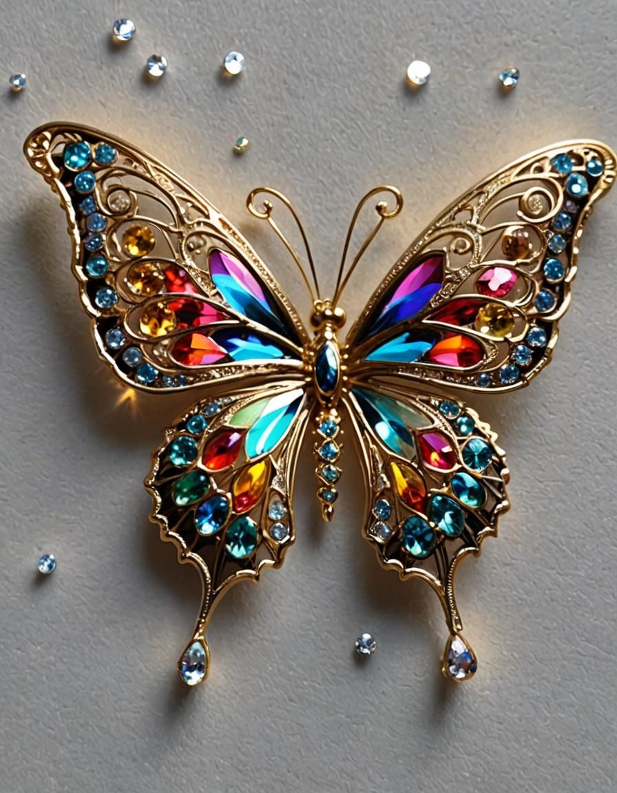 Glistening Jeweled Butterfly with Filigree Wings