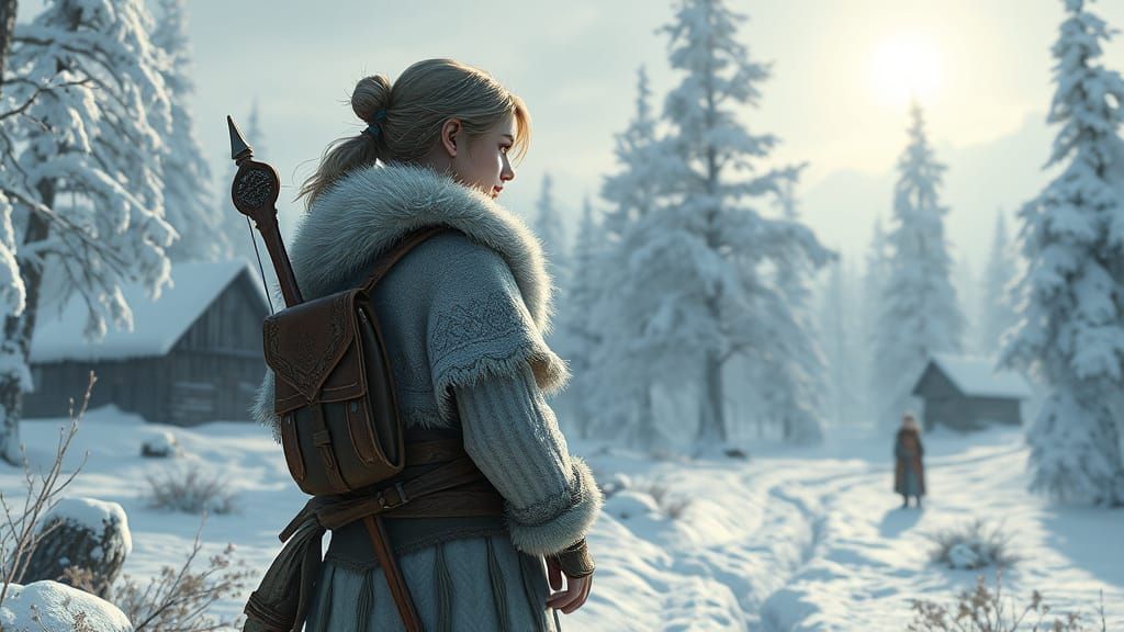 Ethereal Fantasy Girl Stands Tall in the Frozen Village of N...