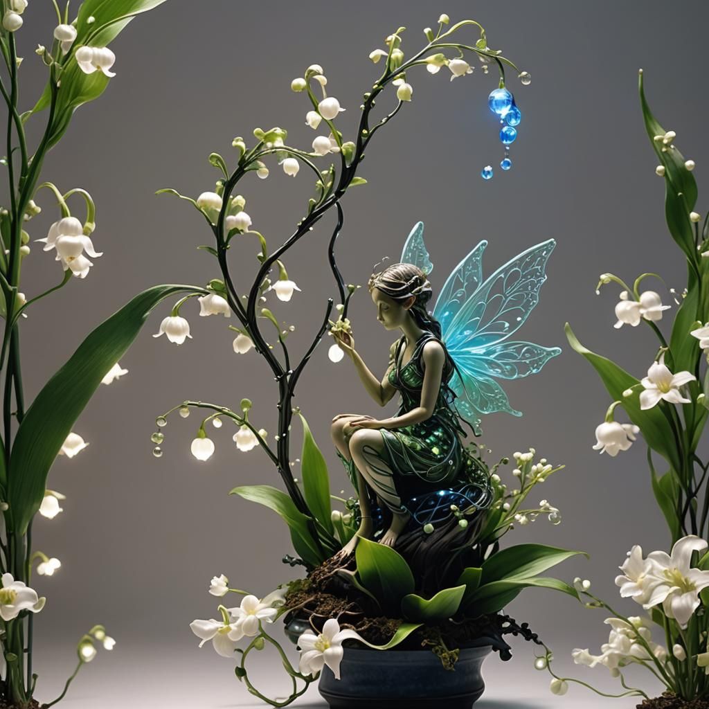 fairy sitting on lily of the valley flower bonsai made of glass glowing lights dew; green fractal wireframe fibonacci vi...