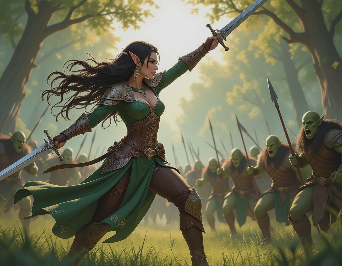 Elf Queen Leading Charge in Forest Clearing
