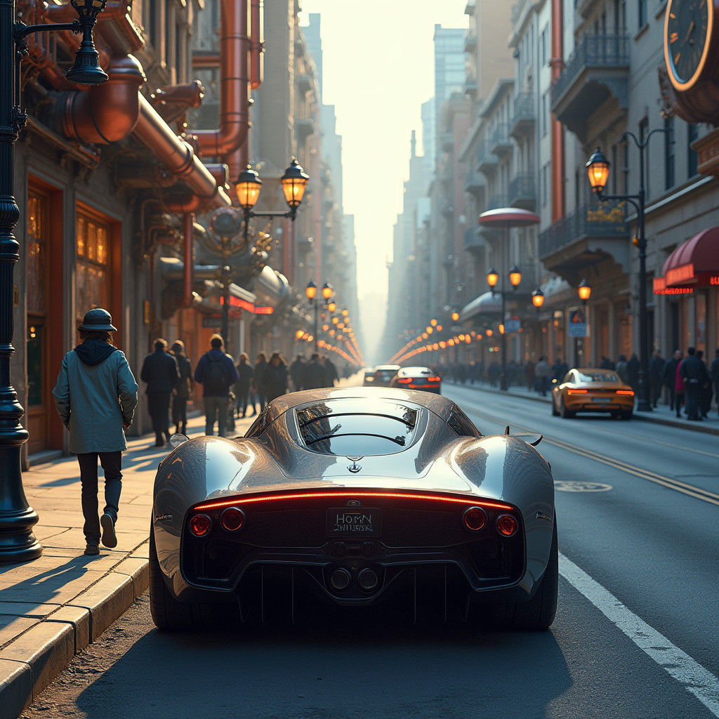 Steampunk Automobile on a Modern City Street