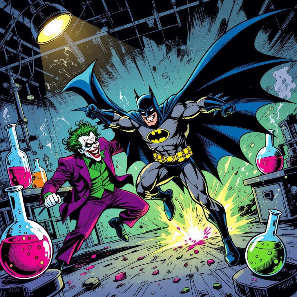 Batman vs Joker in Chaotic Lab Comic Style