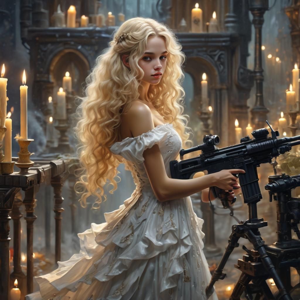 Fairy Loading Machine Gun in Oil Painting Style