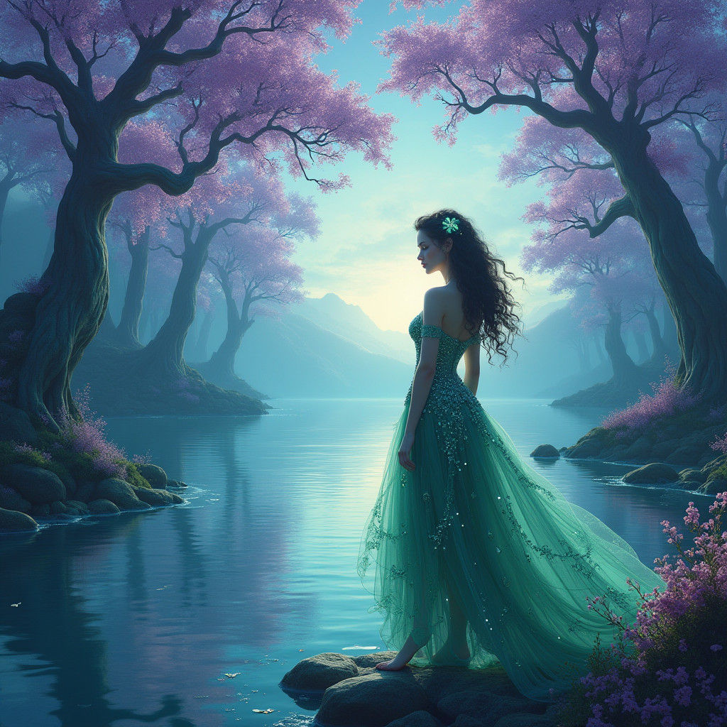 Ethereal Woman by Iridescent Lake in Digital Art Style