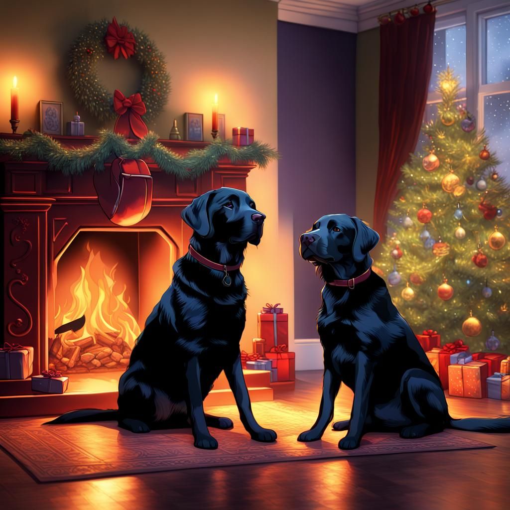 Black Labs Celebrate Christmas: Fantasy Art