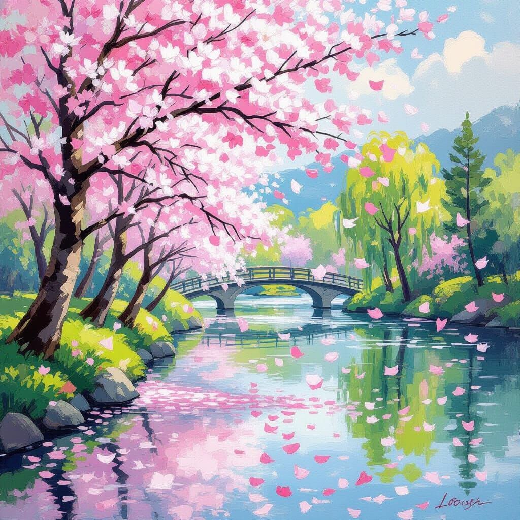 Falling Cherry Blossoms in Impressionist Style