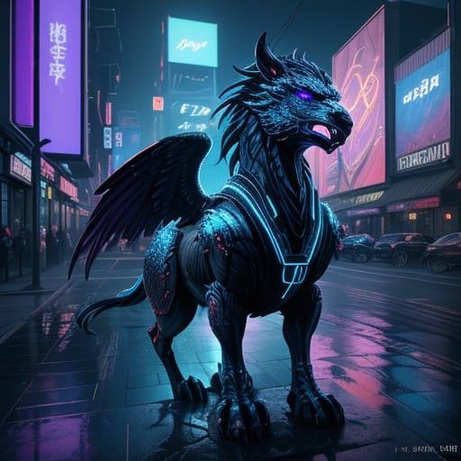 Mythical Griffin Emblem Reflecting a Neon Cityscape
