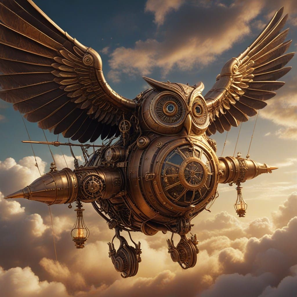 Steampunk Owl Airship Soaring Through Cloudy Skies