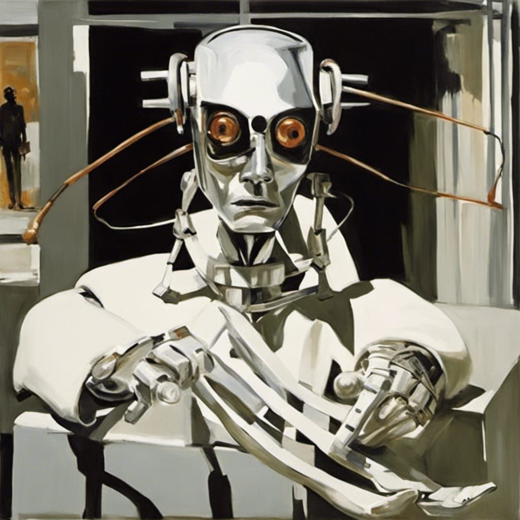 Ant-Headed Robot Reading Newspaper, Figurative Style