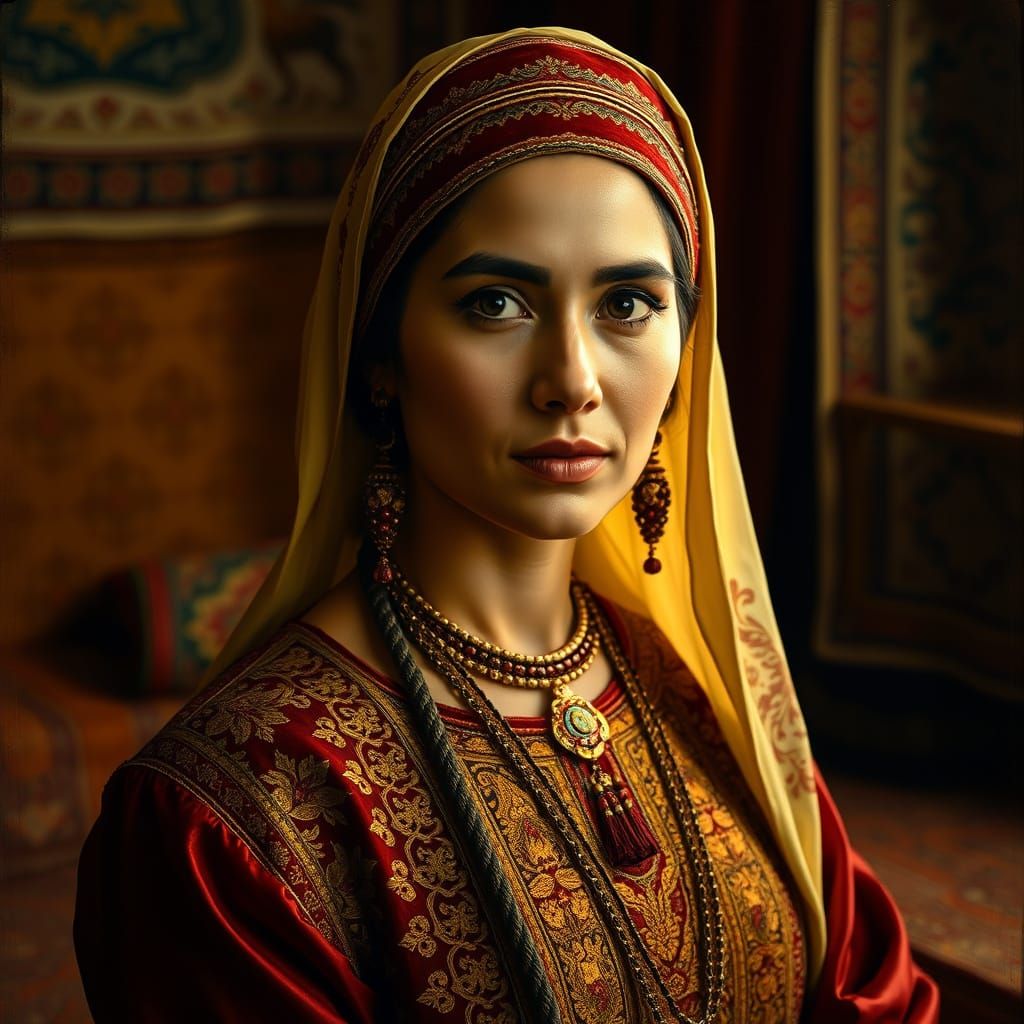 Regal Tajik Woman in Warm, Golden Light