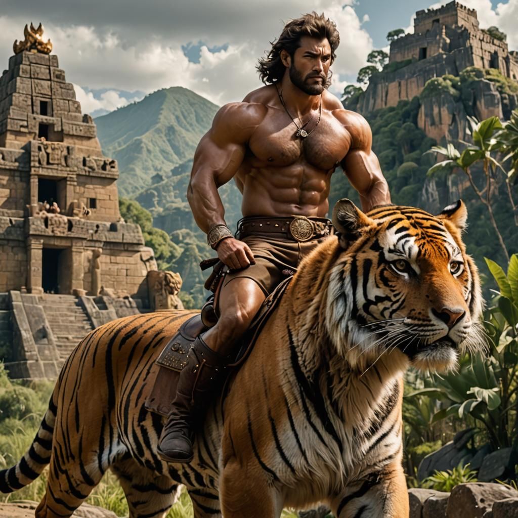 Muscular Man Rides Tiger Past Inca Ruins