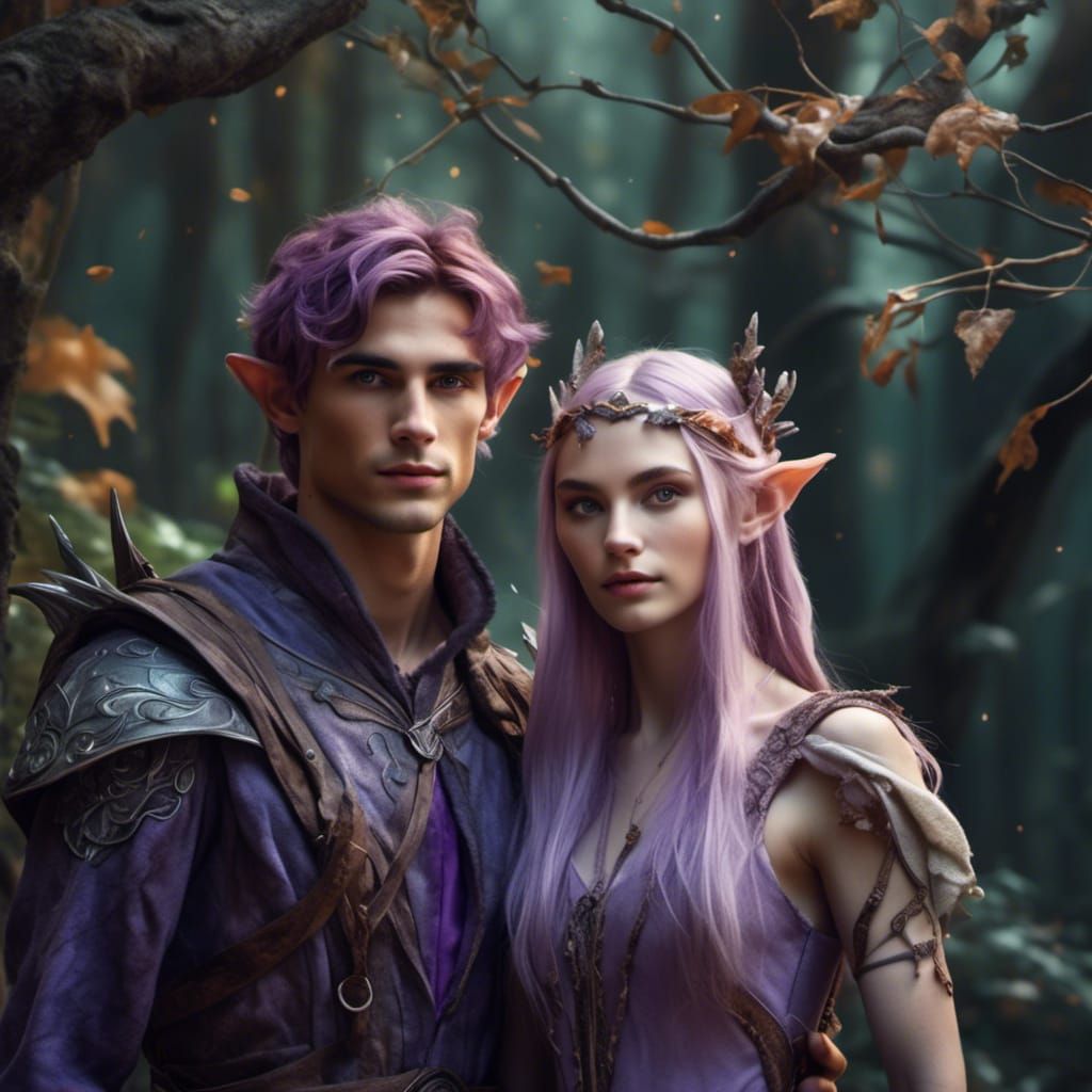 Young Elf Couple in Autumn Forest
