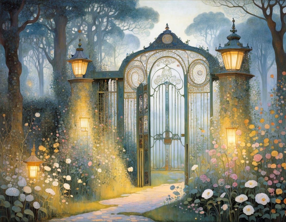 Surreal Garden Gate in Evening Haze Artwork