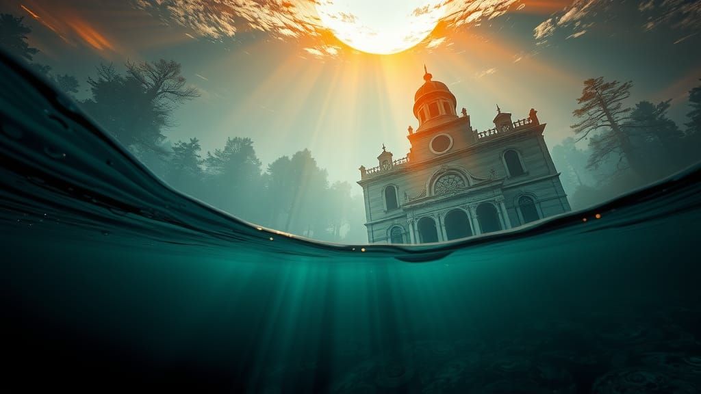Ethereal Submerged Mansion with Ghosts in Baroque Windows