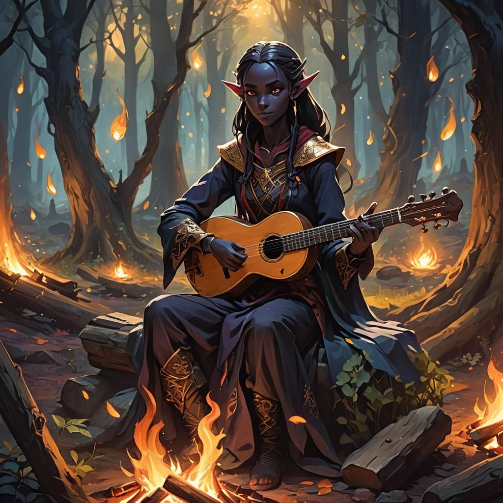 Dark Elf Bard in Enchanted Forest, Anime Style