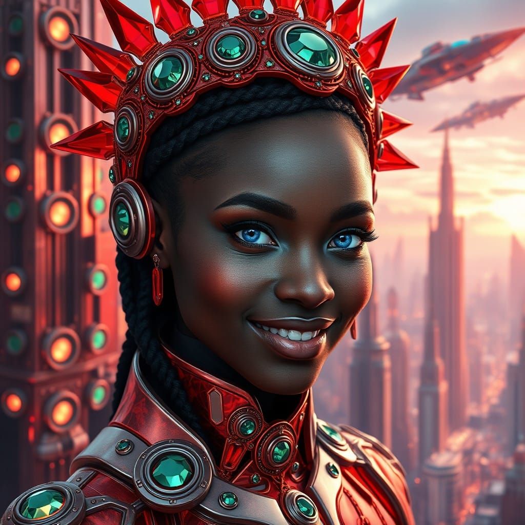 Futuristic Red Crystal City with Woman in Uniform