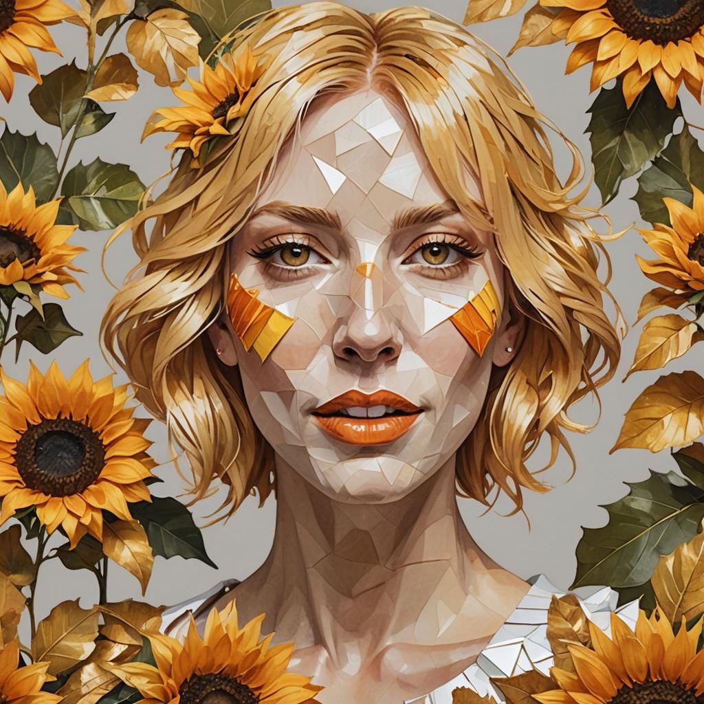 Low-Poly Woman with Sunflower in Art Nouveau Style