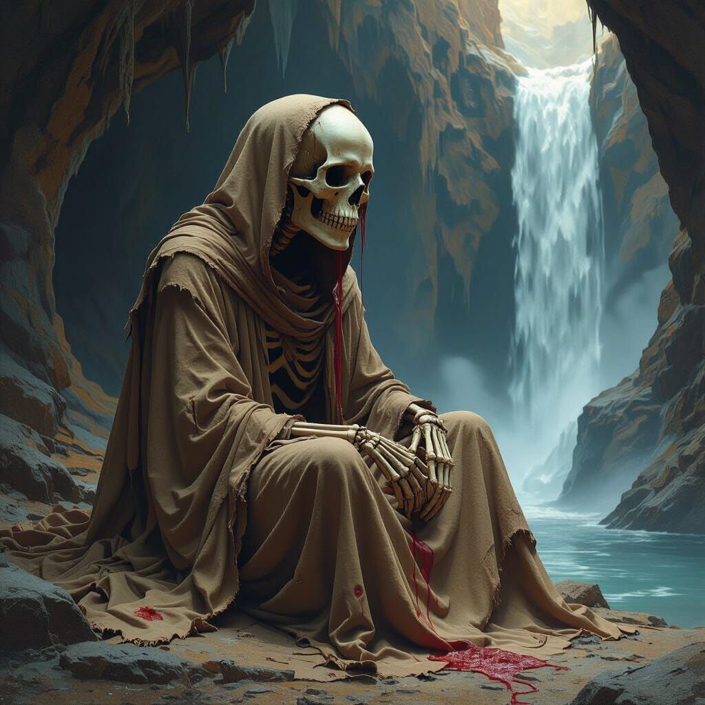 Contemplative Skeleton in Cave, Dark Fantasy Art