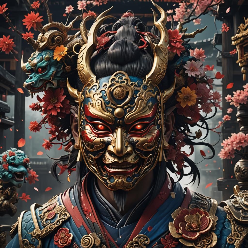 Detailed Japanese Mask: Matte Painting in Deep Color