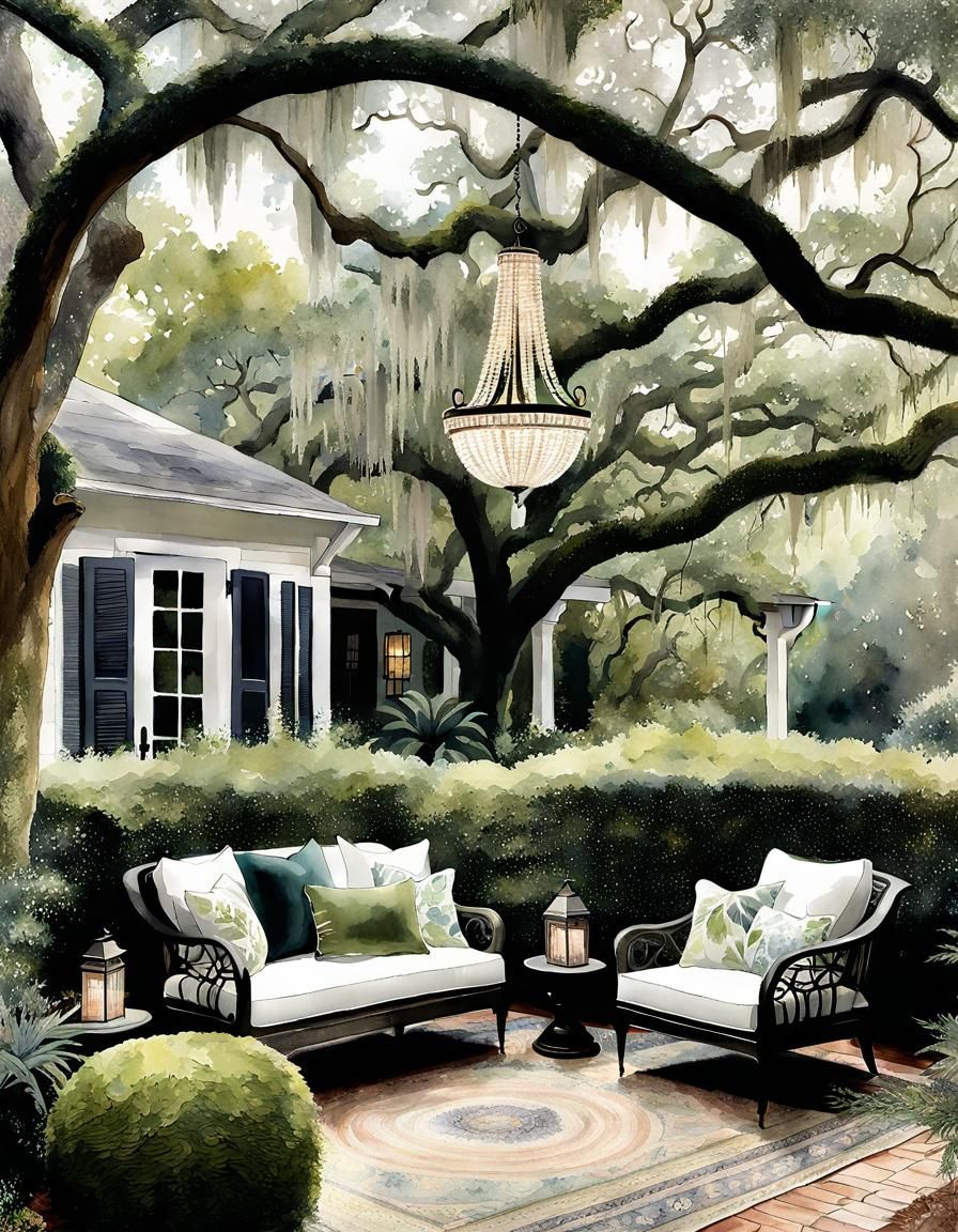 Watercolor Cottage in Southern Garden with Boho Chic Design