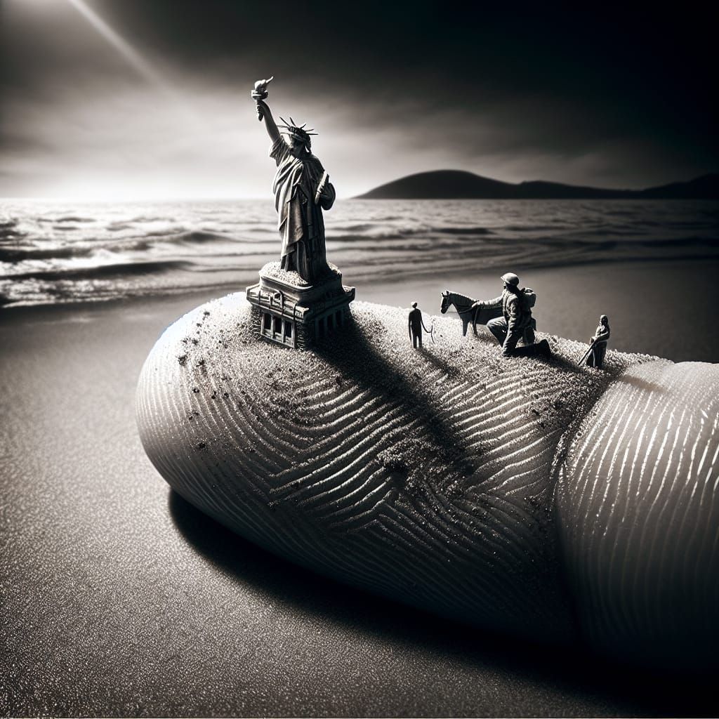 Apocalyptic Statue of Liberty Microcosm on Fingertip