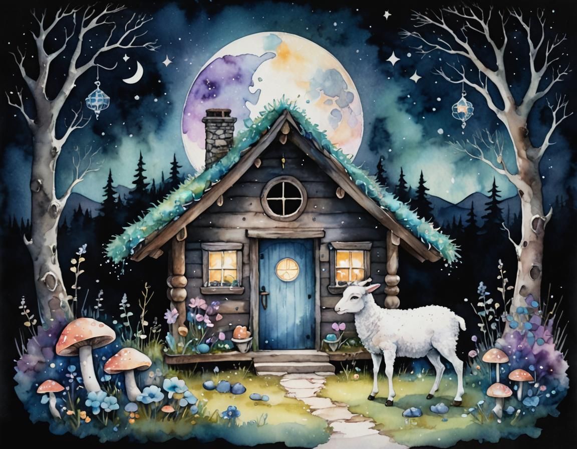 Cozy Pagan Cabin with Lamb in Watercolour