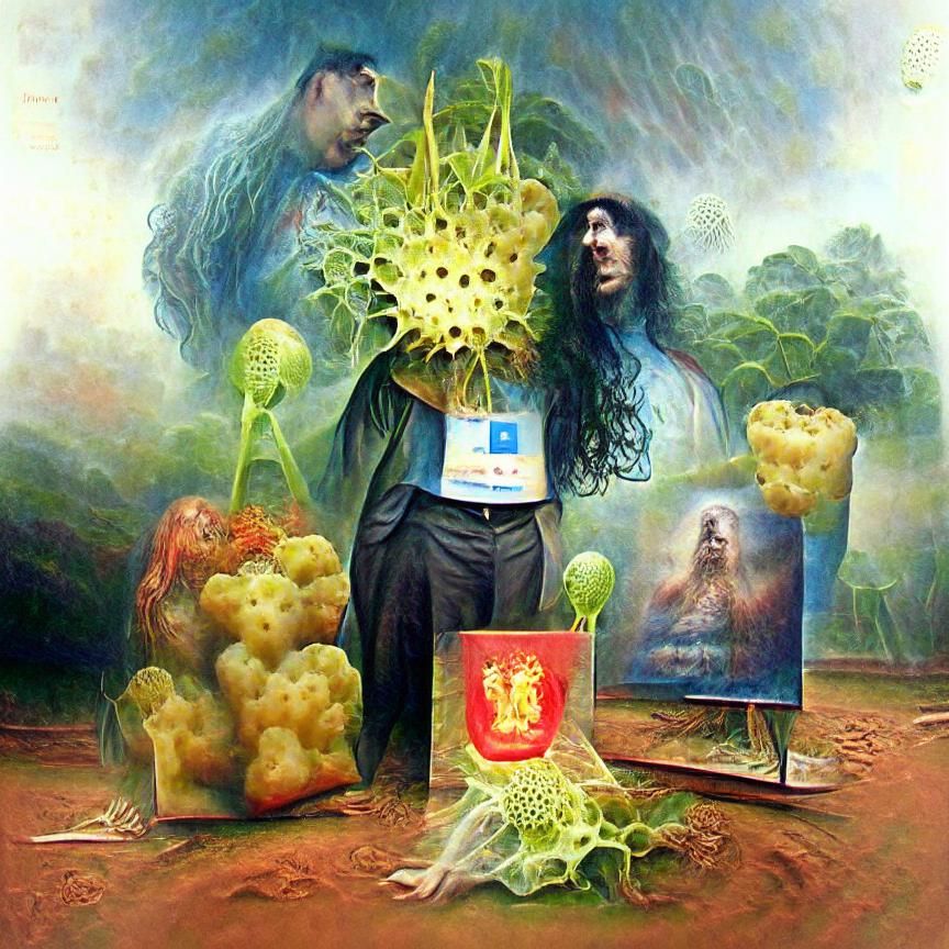Surreal Figure Holding Bioluminescent Cauliflower Orb