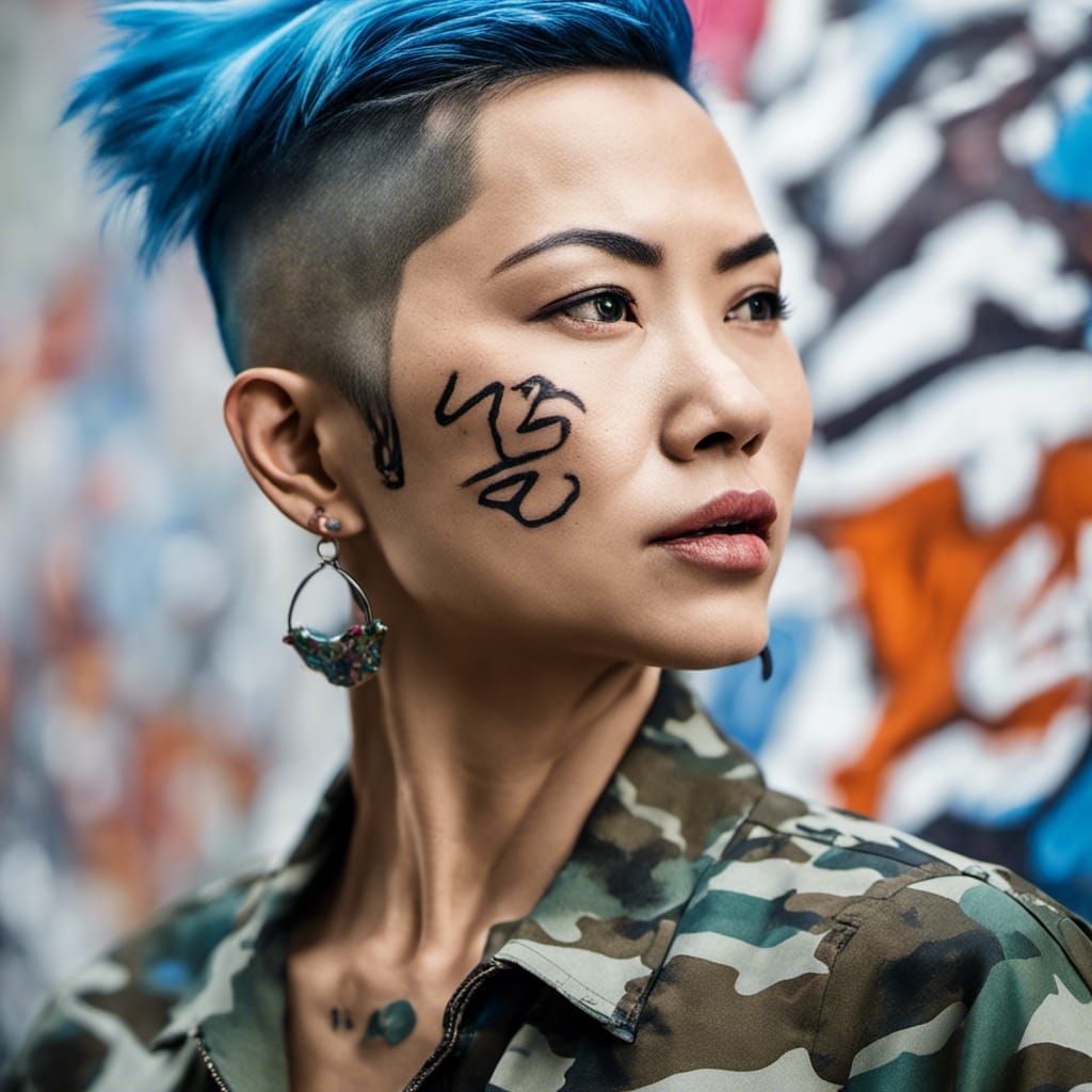 Stylish Asian Woman Portrait with Blue Hair