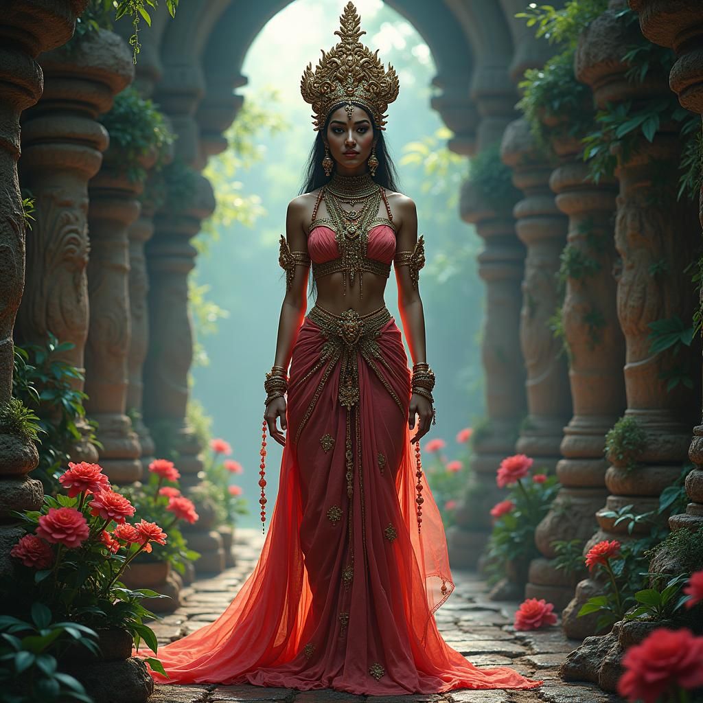 Hindu Goddess in Temple with Futuristic Jewelry