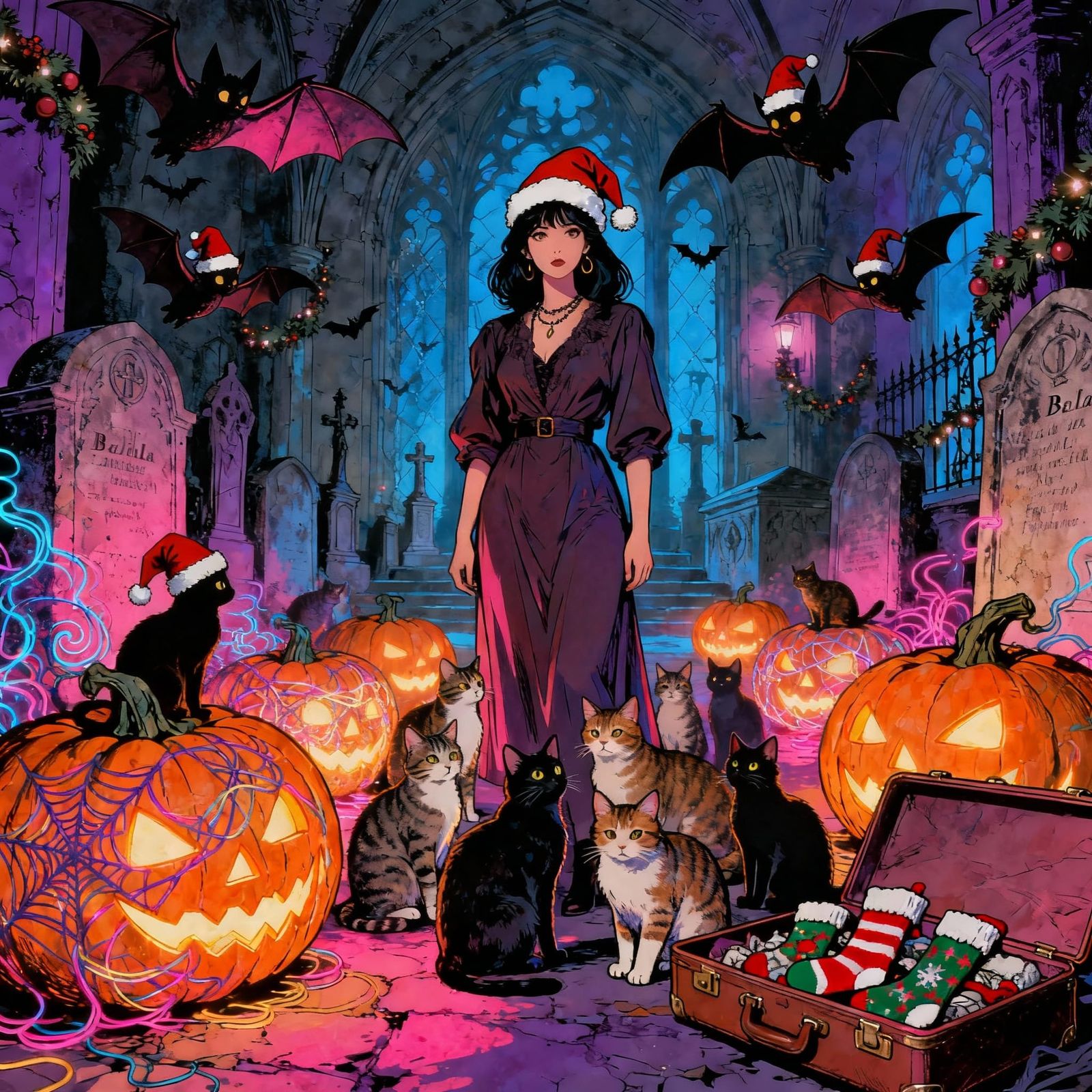 Gothic Crypt Christmas Scene with Whimsical Bats and Cats